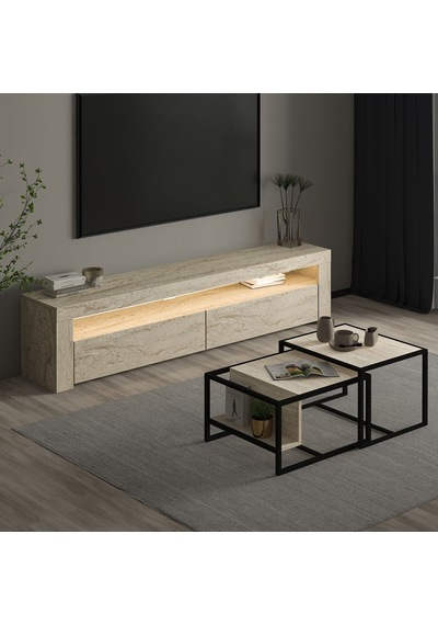 Batı Led Işıklı Tv Sehpası Ve Modern İkili Orta Sehpa Set Traverten