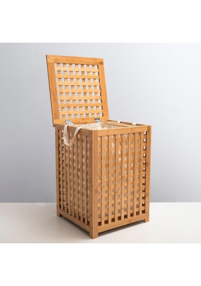 Büyük Boy Ahşap Bambu Kirli Sepeti 45x45x62 Çok Renkli