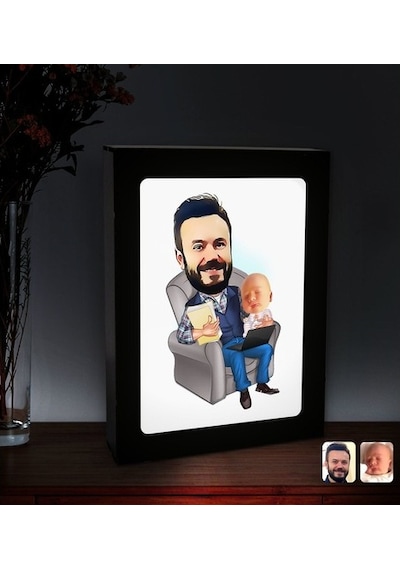 Kişiye Özel Baba Oğul Karikatürlü Led Işıklı Ahşap Resim Çerçeves (508470990)