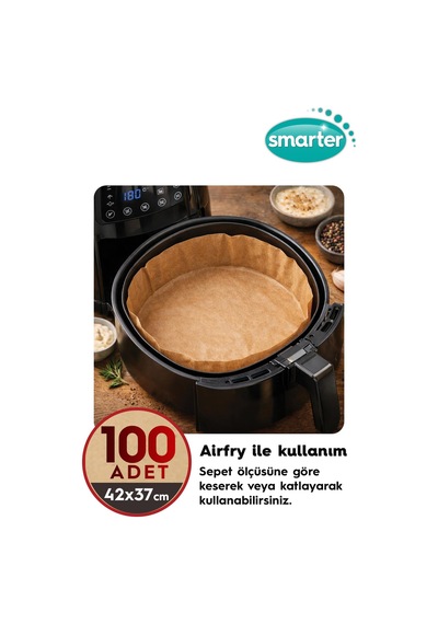 Smarter 100 Adet Ağartılmamış Hazır Kesilmiş Pişirme Kağıdı Airfryer 42x37cm Yapışmaz
