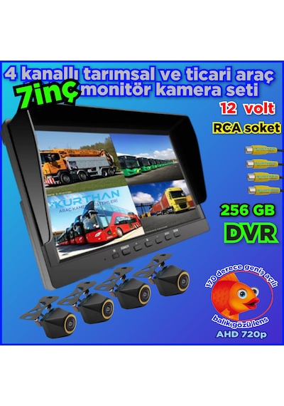 4 Adet 4x3 Cm. Ahd 720p 170 Derece Balık Gözü Lens Kamera 7 İnç 256 Gb Qled Dvr Monitör Seti 12 V