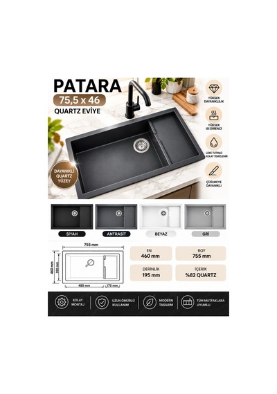 Granit Evye Patara Series Siyah Renk En:460 Mm Boy :755 Mm Derinlik :195 Mm