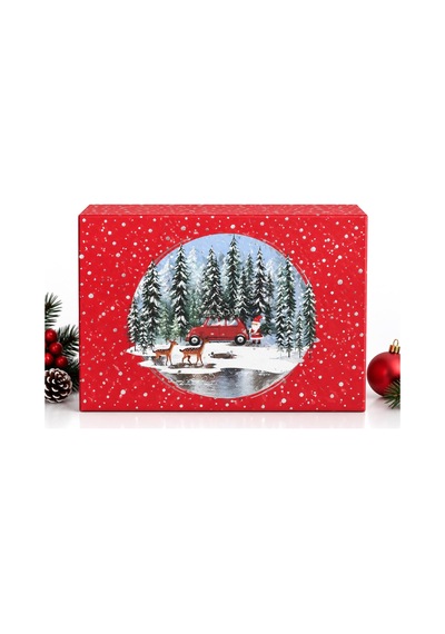 Tr Yılbaşı Hediye Kutusu 36x26x11 Cm Noel Temalı Kapaklı Hediye Kutusu Dayanıklı Karton, Varak Detaylı Yen
