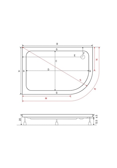 Shower 70x120 Oval Asimetrik Duş Teknesi Panelli