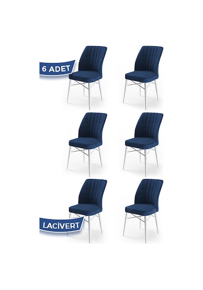 Canisa Flex Serisi, Üst Kalite Mutfak Sandalyesi, 6 Adet Lacivert Sandalye, Gürgen Beyaz Ahşap Ayak Sandalye Lacivert Ayaklar Beyaz