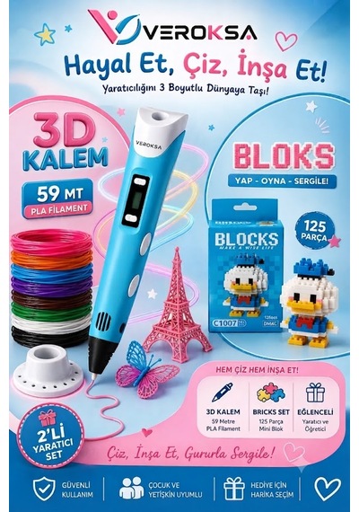 Mavi 3d Kalem + 125 Parça Blok Seti Hayallerini 3 Boyutlu Dünyaya Taşı Mavi Ördek