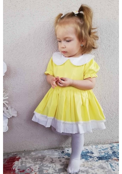 Dantel Detaylı Bebe Yaka Sarı Kız Çocuk Bebek Elbise 001