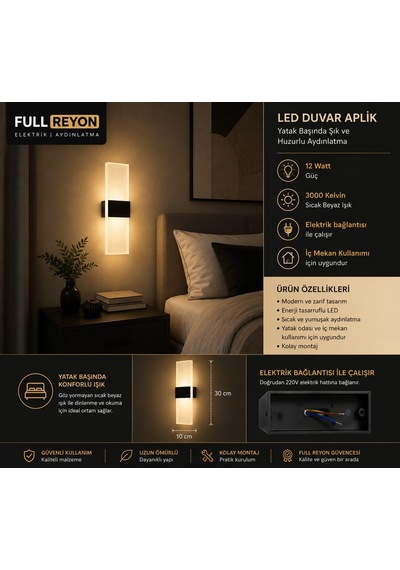 12 Watt 3000 Kelvin Modern Tasarım Salon, Yatakbaşı Aplik, Led Duvar Aplik Elektrikle Çalışır Beyaz