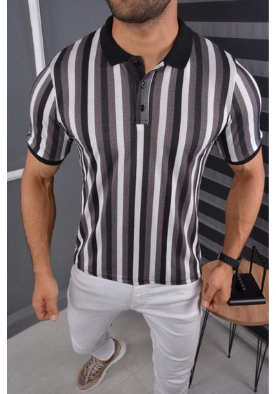 Mcz Giyim Gri - Siyah Renk Polo Yaka Slim Fit Erkek T-shirt Grisiyah
