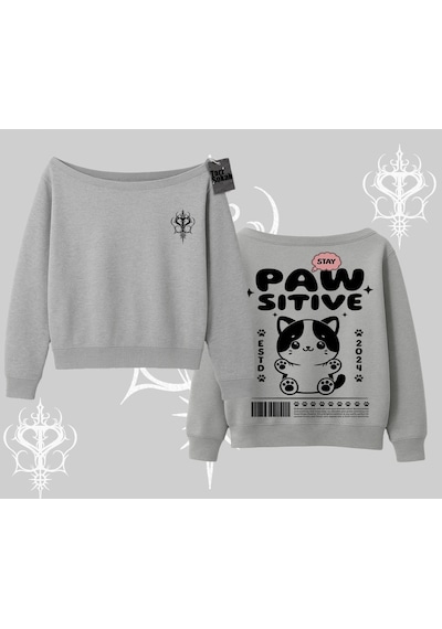 Startmore Paw Sitive Kedi Arka Baskılı Kayık Yaka Sweatshirt Gri