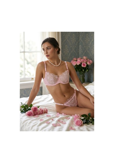 Loveria Pembe Nakışlı Dantelli İp Askılı Kapsız İç Çamaşırı Takım Pembe Pembe