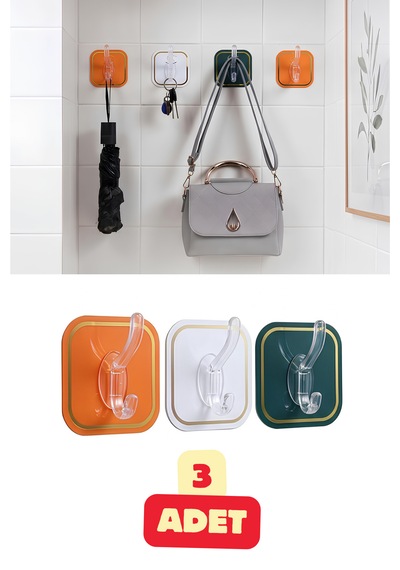 3 Adet Renkli Askı Yapışkanlı Kanca Mutfak Banyo Pratik Kullanışlı Havlu Bornoz Askısı Şeffaf Uçlu Yapışkan Askılık Seti Çok Renkli