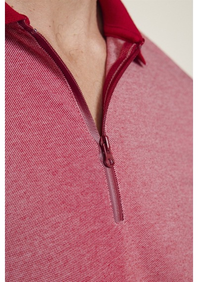 Tudors Erkek Slim Fit Dar Kesim Pamuklu Fermuarlı Bordo Polo Yaka Tişört-27587-Bordo