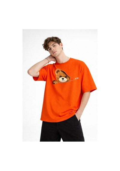 Alemdarshop Mn - Bear Baskılı Oversize Tişört Turuncu