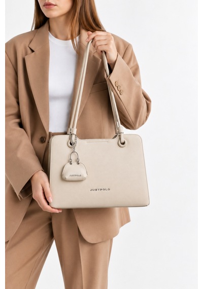 Just Polo Kadın Yeni Sezon Büyük Boy Aksesuar Detaylı Günlük Şık Kol Çantası Shopper Krem