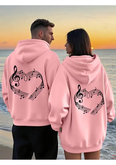 Nevermind Sevgili Çift Kombin Hoodie Notalı Kalp Baskılı Oversize Kapüşonlu Pembe