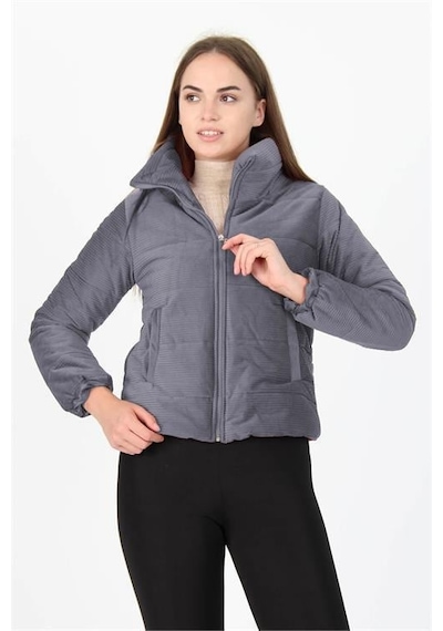 Dip Moda Kadın Yüksek Yaka Cepli Kışlık Kadife Mont Dpnb7154 Gri