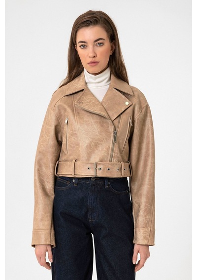 Antioch Kadın Suni Deri Crop Biker Ceket Bej