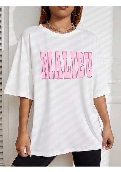 Malibu T-shirt - Beyaz Baskılı Oversize Bisiklet Yaka Kısa Kol Tişört Beyaz