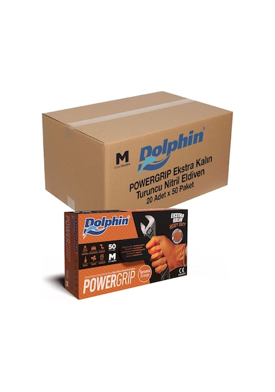 Dolphin Nitril Powergrip Ekstra Kalın Elmas Dokulu Eldiven Turuncu Meidum Orta Boy - 50'li 3 Paket