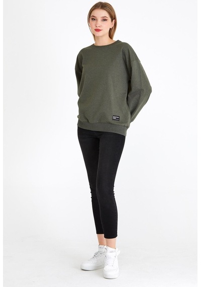 MMetalic Kadın Haki Renk Basic Bisiklet Yaka Sweatshirt