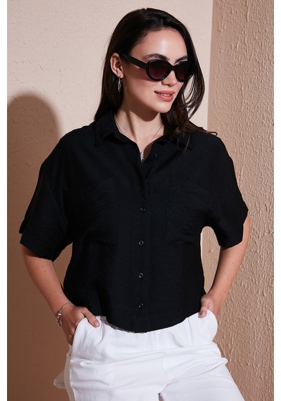 Lela Regular Fit Cep Detaylı Kısa Kollu Bayan Gömlek 6778568 Siyah