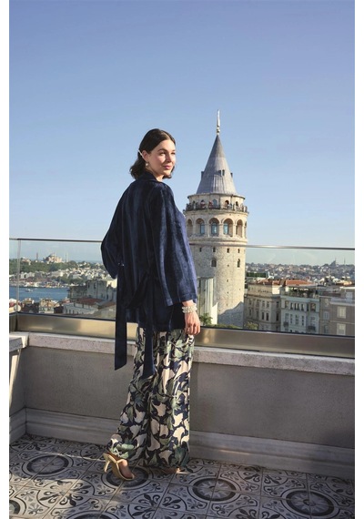 Mega Fair Yaprak Desenli Ve Dantelli 3'lü Pijama Takımı Lacivert