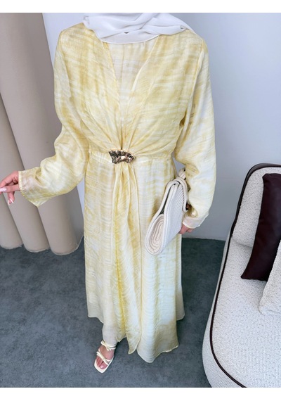 Mihran Butik Silk Model Kemerli Bilek Büzgü Desen Detaylı Kadın Elbise Sarı