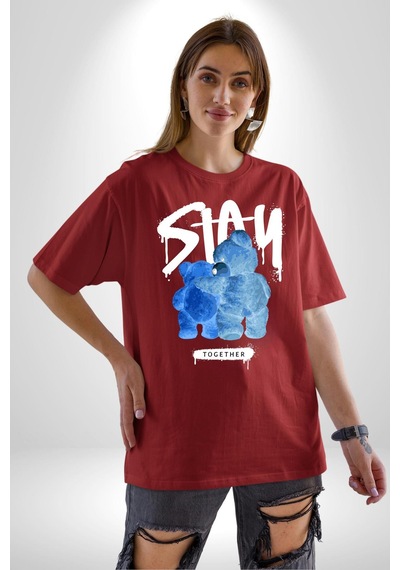 Birlikte Kal Pamuklu Bisiklet Yaka Unisex Oversize Boyfriend Dijital Baskılı Kırmızı T-shirt Kırmızı