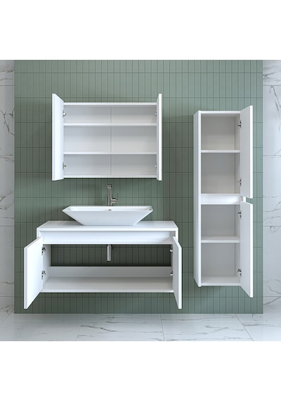 Banos Banyo Roomart Lavabolu Mat Beyaz Mdf 100Cm Banyo Dolabı+Ayn Mat Beyaz