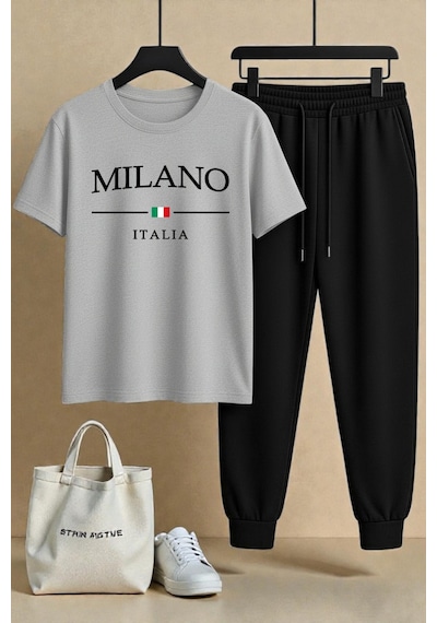 Uyguntarz Unisex Milano Italia Tasarım Baskılı Tişört - 2'li Eşofman Takımı Gri