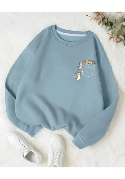 Kozia Outdoors Oyaka Baskılı Cep Baskılı Sweatshirt Mavi