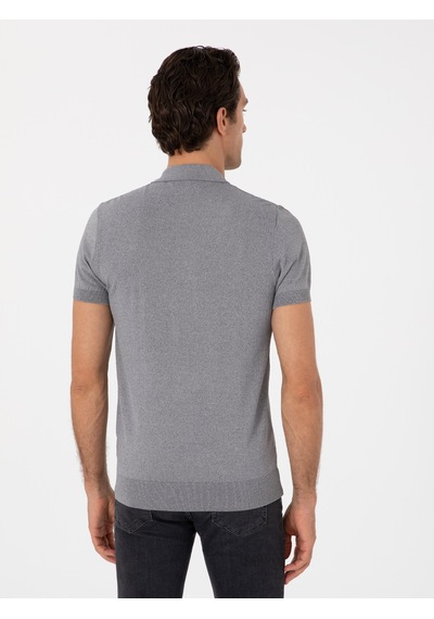 Gri Slim Fit Fermuarlı Polo Yaka Triko T-shirt