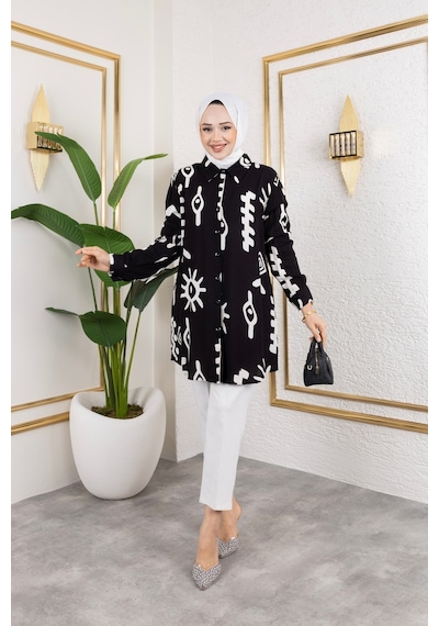 Hira Life Fashion Kadın Tesettür Giyim Ve Spor Giyime Uygun Düğme Detaylı Şık Desenli Dokuma Viskon Gömlek-tunik Siyah Siyah Hira Life Fashion Kadın Tesettür Giyim Ve Spor Giyime Uygun Düğme Detaylı Şık Desenli Dokuma Viskon Gömlek-tunik Siyah Siyah