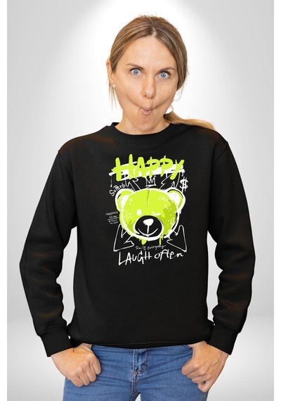 Sık Sık Mutlu Gülmek Teddy Bear Unisex Siyah Sweatshirt Siyah