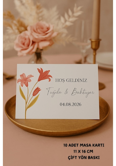 Zambak Nişan Masa Kartı Çift Yön Baskı - 11x16cm - İsme Özel - Nişan Kartı - Nikah Kartı