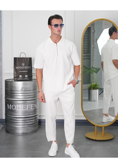Modefendi Fermuar Detaylı Fitilli Oversize Alt Üst Takım Beyaz