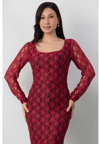Kalopya Kare Yaka Dantel Balık Elbise Ap-3005 Bordo