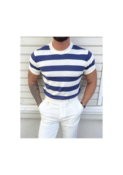 Cool Tarz Erkek Beyaz-saks Çizgili Normal Kalıp Triko T-shirt Beyaz-saks Beyaz-saks