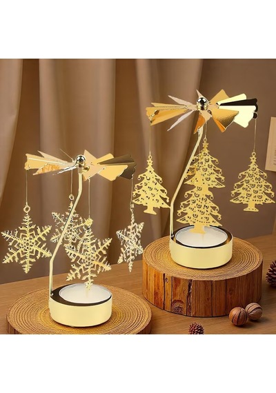 2'li Set Dönen Işıklı Kar Tanesi Ve Ağaç Metal Tealight Mumluk Gold