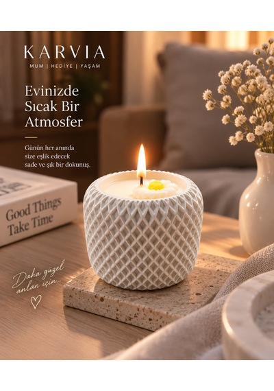 Karvia Kokulu Beton Baklava Desenli Mum - El Yapımı 001 - Beyaz