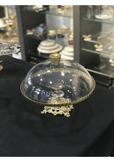 Zen Home Avangard Gold Döküm Ayak Cam Gövde Cam Kapak Üstün Kaliteli Kek Fanusu gri