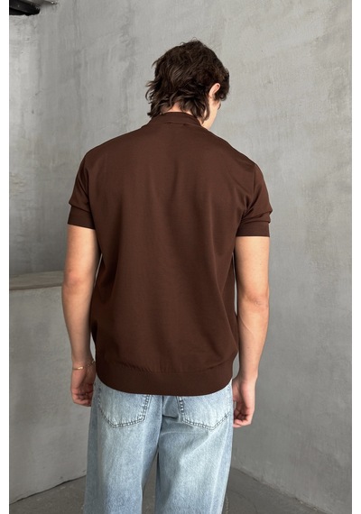 Erkek Oversize Yarım Balıkçı Triko T-shirt Kahverengi