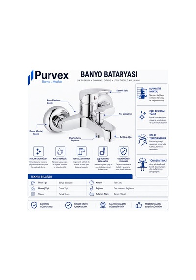 Purvex Home Mix Banyo Bataryası - Pirinç Gövde Krom Kaplama Aç-kapa Banyo Musluğu