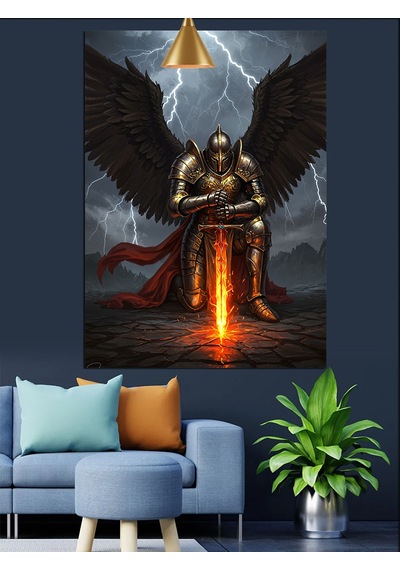 Siyah Kanatlı Alev Kılıçlı Şövalye Dekoratif Kanvas - Mdf Ahşap Tablo
