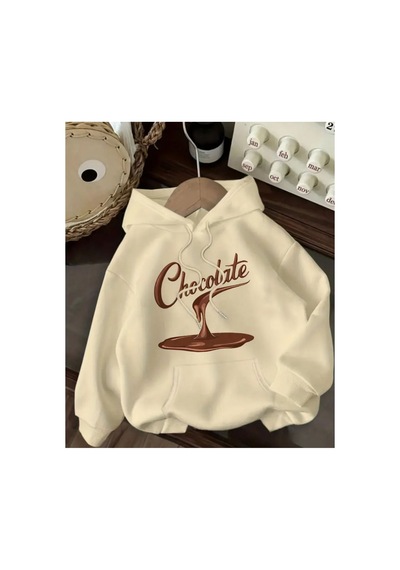 Herkesemoda Chocolate Baskı Detaylı Kapüşonlu Sweatshırt Bej