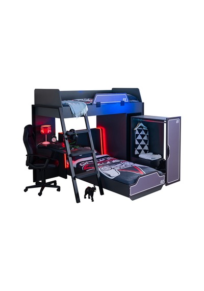 Ranzalı Oyuncu Odası, Gamer Ranza Ledli Karyola Masa Dolap 2 Adet Comfort Yatak 90 X 190 CM Ranzalı Oyuncu Odası, Gamer Ranza Ledli Karyola Masa Dolap 2 Adet Comfort Yatak 90 X 190 CM
