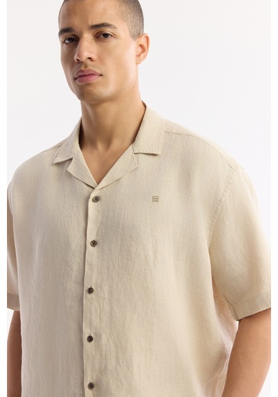 Avva Erkek Bej Apaj Yaka %100 Keten Kısa Kollu Oversize Fit Gömlek A51y2209