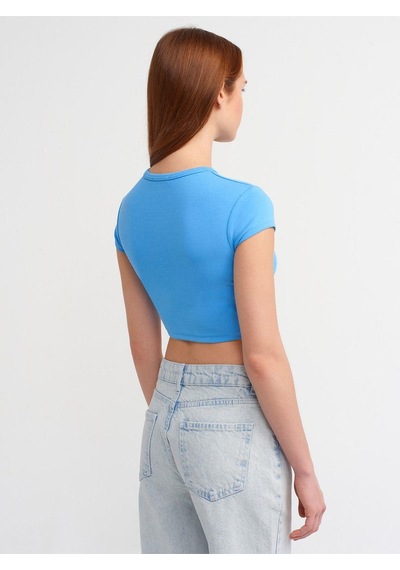 Dilvin Vücuda Oturan Likralı Crop Top-836 Mavi