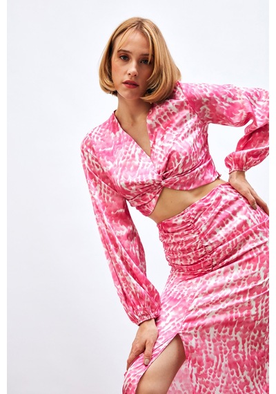 Sateen Düğüm Detaylı Desenli Bluz - Pembe